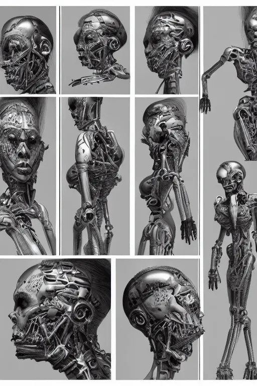 Image similar to cyborg queen with gunmetal grey skin, medical anatomy, very symmetrical face, highly detailed, mecha, three - perspective / three - view reference sheet ( front / back / side ), in the style of james gurney, dan ouellette, hr giger, sil from species, dren from splice, biomechanical, artstation, unreal engine