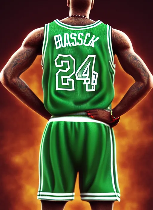 Image similar to portrait of tupac shakur, boston celtics jersey number 3 4, green, white, cartoon digital art, oil on canvas, trending on artstation, octane render