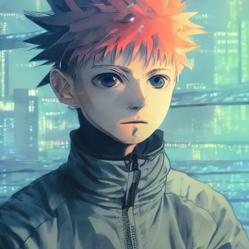 Image similar to killua zoldyck, edgy streetwear, techwear, cyberpunk style outfit, scifi, blue side lighting, detailed portrait, intricate complexity, by greg rutkowski, ross tran, conrad roset, takato yomamoto, ilya kuvshinov. 4 k, beautiful, aesthetic octane render, cinematic dramatic atmosphere