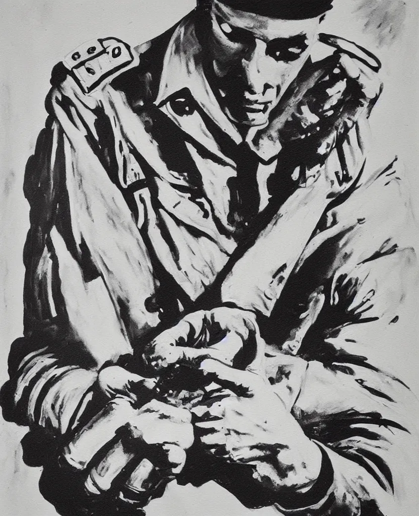 Prompt: a painting of soldier's hands writing a sad letter in el alamein battle, wwii,, black and white, bauhaus