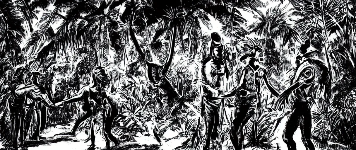 Image similar to aztecs shake hands with aliens in jungle with spaceship. highres. feathers. noir.