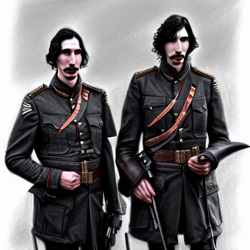 Image similar to a portrait of john oliver standing next to adam driver, stoic, military uniform, fantasy, intricate, elegant, beautiful, highly detailed, charcoal, centered, dark, smokey, digital painting, artstation, concept art, smooth, sharp focus, illustration, art by samma van klaarbergen - h 7 0 4