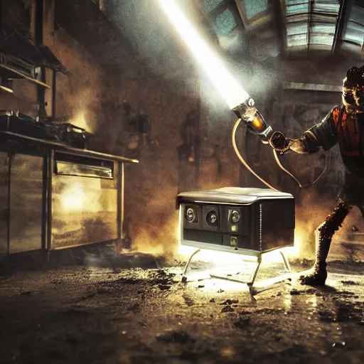 Image similar to cyborg toaster oven repairman, dark messy smoke - filled cluttered workshop, dark, dramatic lighting, orange tint, sparks, plasma rays, cinematic, highly detailed, sci - fi, futuristic, movie still