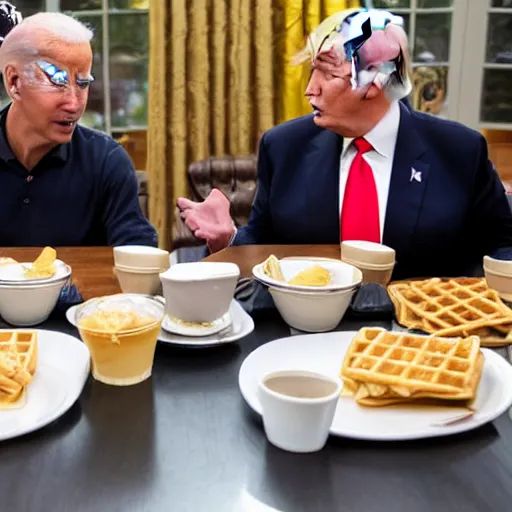 Image similar to photograph of trump and Biden sitting and eating breakfast at a Wafflehouse