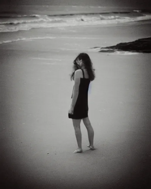 Prompt: “a black and white photograph of a woman on the beach, realistic, vintage, antiqued look, grainy film”