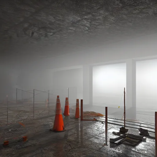 Prompt: a construction site half engolfed in fog 3 d render