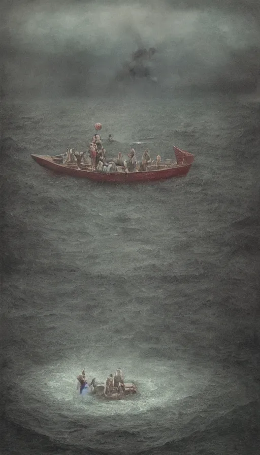 Image similar to man on boat crossing a body of water in hell with creatures in the water, sea of souls, by dan witz