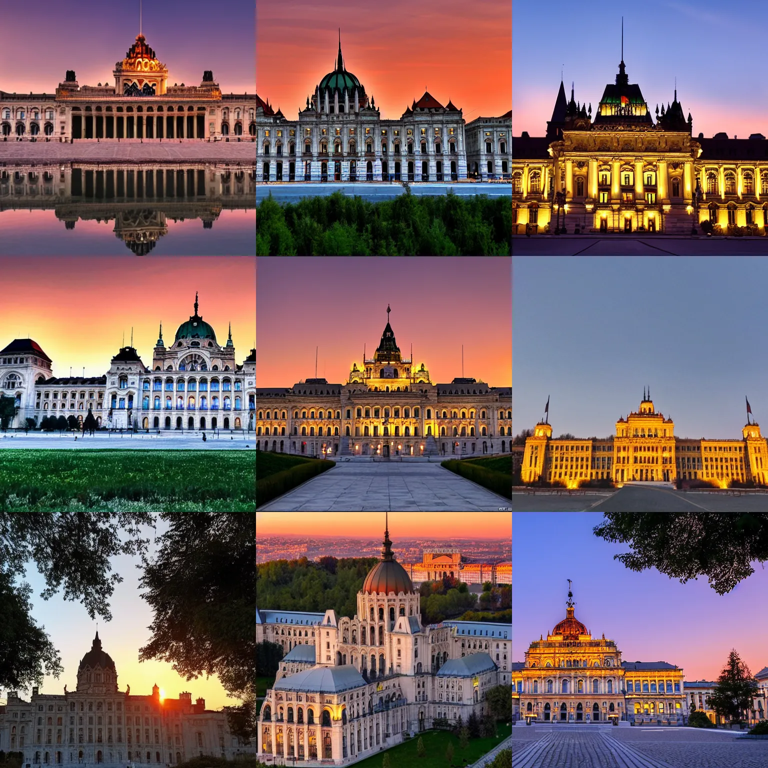 Prompt: photo of the romanian parliment during sunset, beautiful, serene, cozy