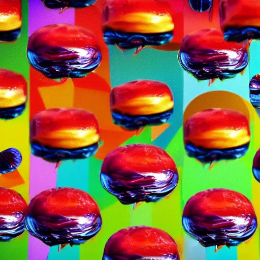 Image similar to hamburger mix jellyfish, cg, 8 k, surrealistic, sharp focus, style by andy warhol