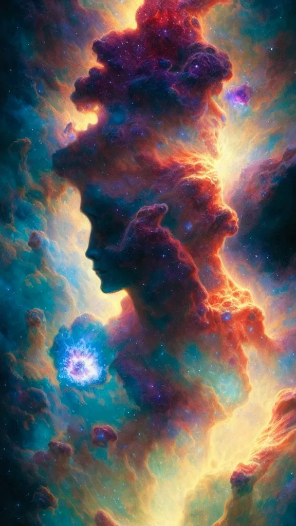 Prompt: psychedelic transcendent puffs! of smoke, space, supernova, nebulae, pillars of creation, enlightenment, high contrast lighting, highly detailed, concept art, art by collier, albert aublet, krenz cushart, artem demura, alphonse mucha