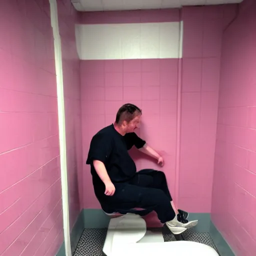 Prompt: Jeff bezoz in prison sitting on the toilet , the walls are pink