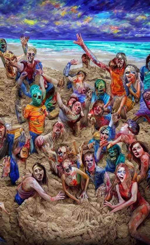 Prompt: beautiful detailed photorealistic painting of a group of friends dressed as zombies on a beach building an amazing sand castle. the friends are happy and having fun. vibrant, high quality, vibrant colors, very funny, beautiful, hq. hd. 4 k. award winning. trending on artstation