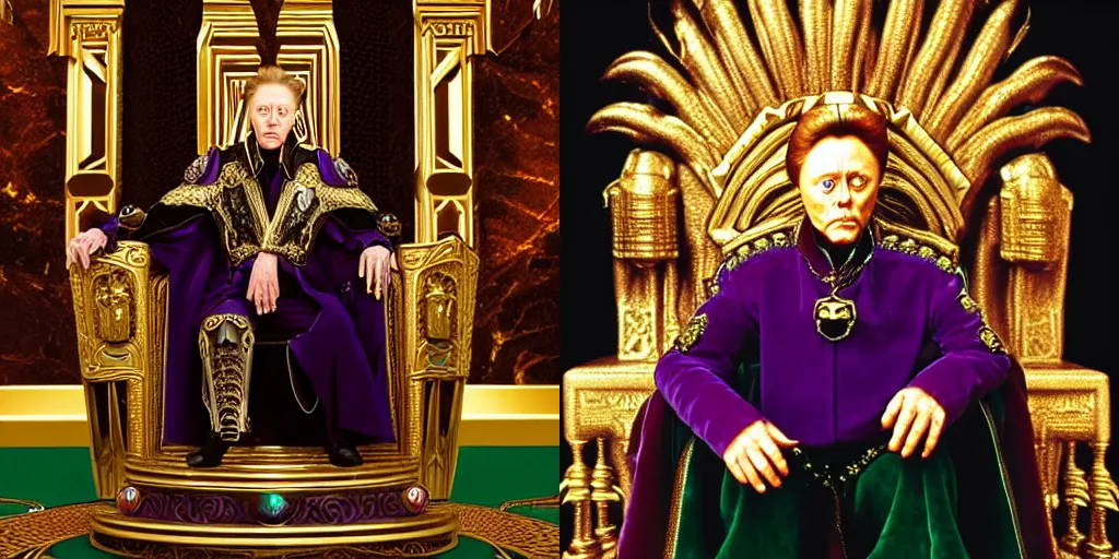 Prompt: Film still of one Christopher Walken as Emperor Shaddam IV (Dune) wearing ornate Tyrian-purple regal leather uniform with two gold-lion-shaped-pins sitting on an ornamented-golden-lion-throne with dark-green crystal inlays, in a dark long Romanesque marble-clad corridor-hall, volumetric sunbeams through small ornate windows casting shadows, dark atmospheric lighting, symmetrical face, intricate details, cinematography by Stanley Kubrick, Ridley Scott