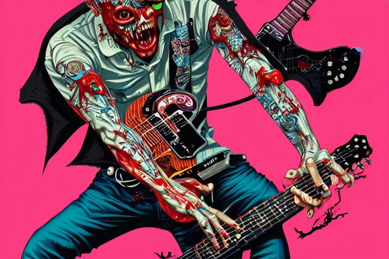 Image similar to zombie punk guitar player, tristan eaton, victo ngai, artgerm, rhads, ross draws, intricated details, 3 / 4 view, full body portrait