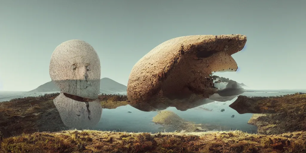 Image similar to artgem and Beeple masterpiece, hyperrealistic surrealism, wide angle landscape in California, award winning masterpiece with incredible details, epic stunning, infinity pool, a surreal liminal space, highly detailed, trending on ArtStation, calming, meditative, surreal, sharp details, dreamscape, giant head statue ruins, astronaut, crystal clear water