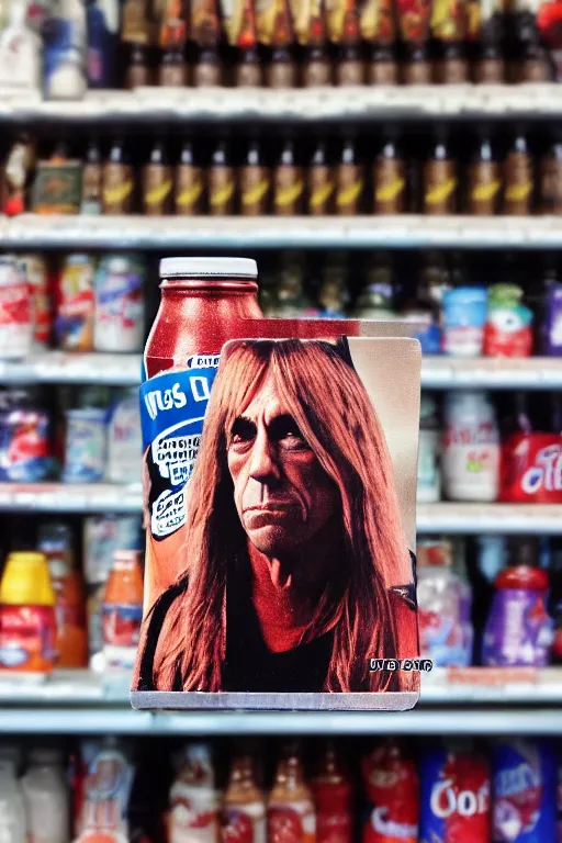 Image similar to a bottle of cola with iggy pop's face on the label, sitting on a store shelf