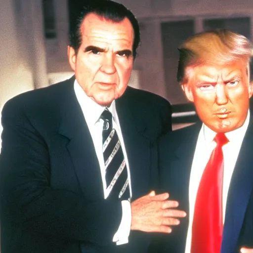 Prompt: still of richard nixon and donald trump as master and apprentice sith lords, star wars episode i ( 1 9 9 9 )