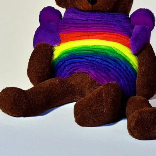 Image similar to teddy bear vomiting rainbow, photorealistic