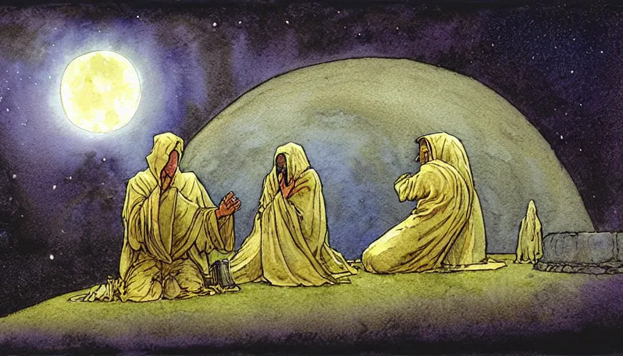 Image similar to a realistic and atmospheric watercolour fantasy concept art of a golden ufo landing in stonehenge. a giant medieval monk in grey robes on his knees praying. a crescent moon in the sky. muted colors. by rebecca guay, michael kaluta, charles vess and jean moebius giraud