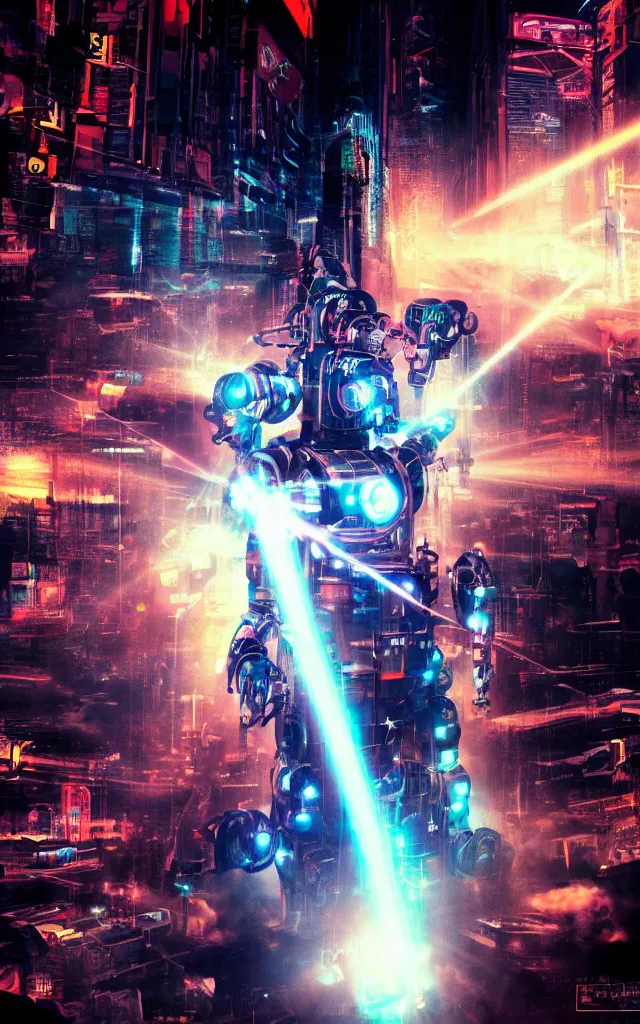Prompt: Robotic Pope shooting bright lasers, 80s, science fiction, cyberpunk, neon, low angle shot, cross, pope, movie poster, futuristic, pontifex