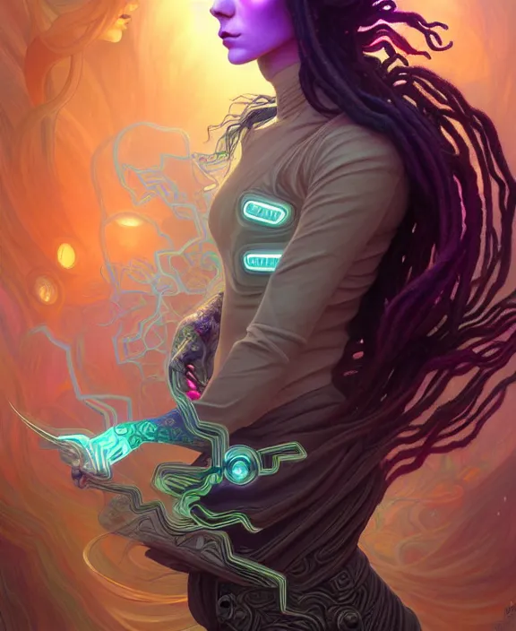 Image similar to a whirlwind of souls rushing inside the metaverse, half body, jewelry, hologram, dreads, android, cyborg, cyberpunk face, by loish, d & d, fantasy, intricate, elegant, highly detailed, colorful, vivid color, digital painting, artstation, concept art, art by artgerm and greg rutkowski and alphonse mucha