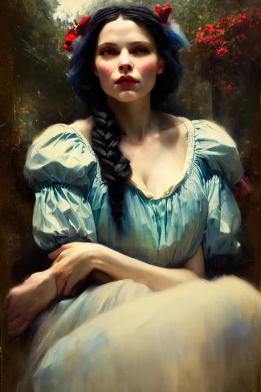 Image similar to photograph imax and solomon joseph solomon and richard schmid and jeremy lipking victorian loose genre loose painting full length portrait painting of snow white disney