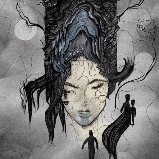 Image similar to dissociation, derealization, disconnection, fantasy illustration, detailed, abstract, amorphous, misty and eerie