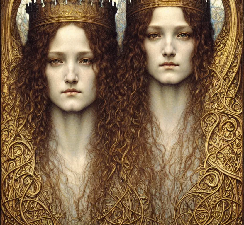 Image similar to detailed realistic beautiful young medieval queen face portrait by jean delville, gustave dore and marco mazzoni, art nouveau, symbolist, visionary, gothic, pre - raphaelite. horizontal symmetry