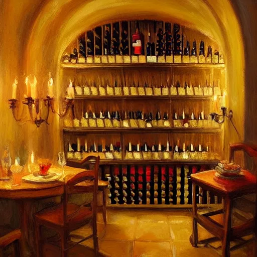 Prompt: wine cellar full of food, torches on the wall, romantic, inviting, cozy, Christian Weston Chandler (Chris Chan), painting Vladimir Volegov