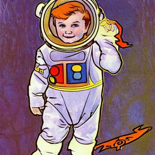 Image similar to a cute little boy with a mischievous face and short ginger hair. he is dressed as an astronaut. well composed, clean elegant painting, beautiful detailed face. comic book art by steve ditko and jack kirby and ( alphonse mucha )