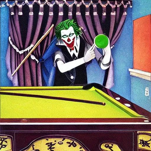 Image similar to the joker playing pool by foujita, tsuguharu, magical realism