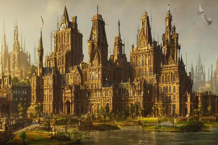 Prompt: a magnificent fantasy city. victorian-style. photorealism.