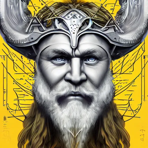 Prompt: mythological viking odin all father Shaman of artificial intelligence with white beard creating an artificial neural network with yellow synapses on an anvil, high resolution, award winning art, trending on art station, sharp image, incredibly detailed, detailed character realistic painting