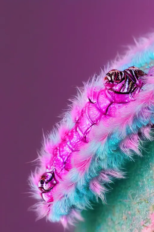 Image similar to high quality close-up photo pearlescent fluffy caterpillar! gorgeous highly detailed hannah yata elson peter cinematic pink lighting high quality low angle hd 8k sharp shallow depth of field