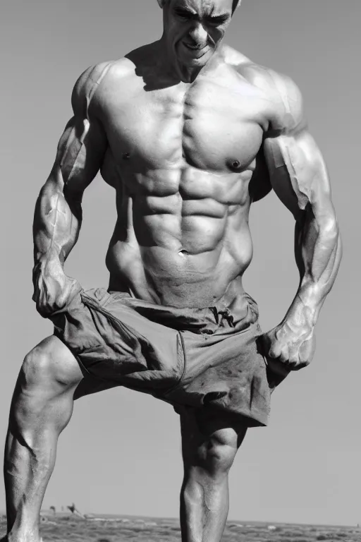 Image similar to Mr Bean is a jacked muscle builder gigachad, grayscale photography