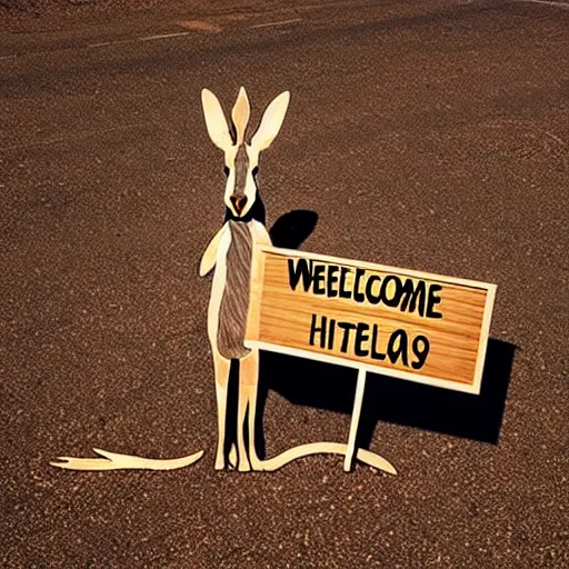 Image similar to a kangaroo holding a sign made out of steel with the phrase [ welcome to australia ] carved on it, digital art, by stefan sagmeister