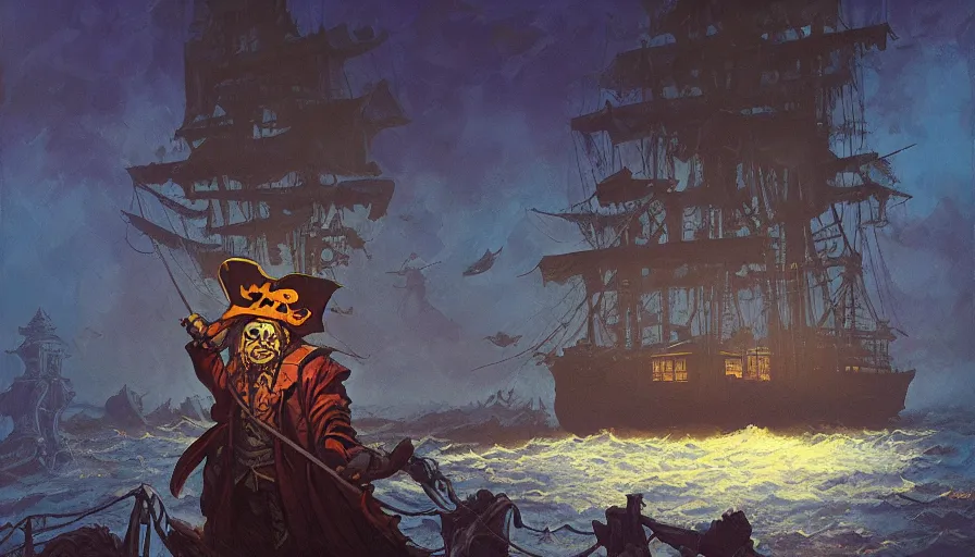 Image similar to ghost pirate aboard a pirate ship, spooky fog, moonlit, oil on canvas, by Dan Mumford, by Josan Gonzalez, by Frank Frazetta, soft lighting