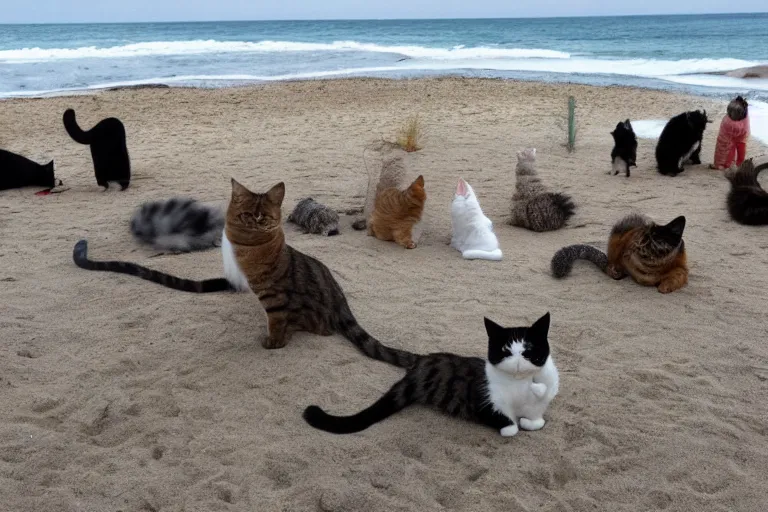 Prompt: A cat's bussiness meeting on the beach