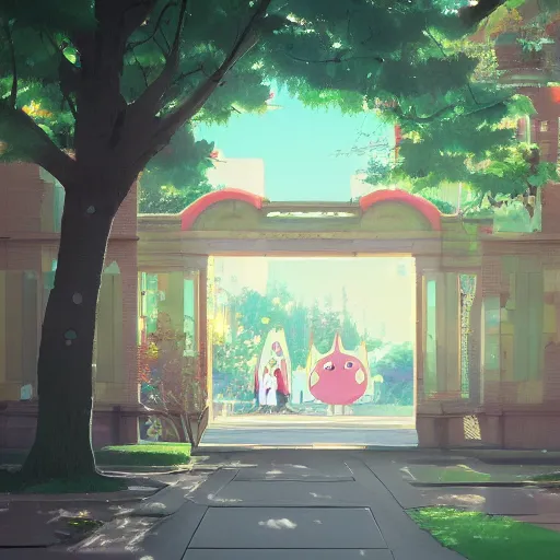 Image similar to a beautiful picture of the entrance of a school, art by masaaki yuasa, and greg rutkowski, trending on artstation