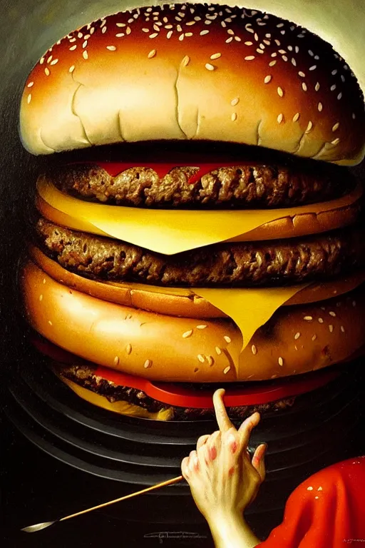 Image similar to hieronymus bosch, greg rutkowski, anna podedworna, painting of the burger king eating a whopper burger, extreme close up, insane detail