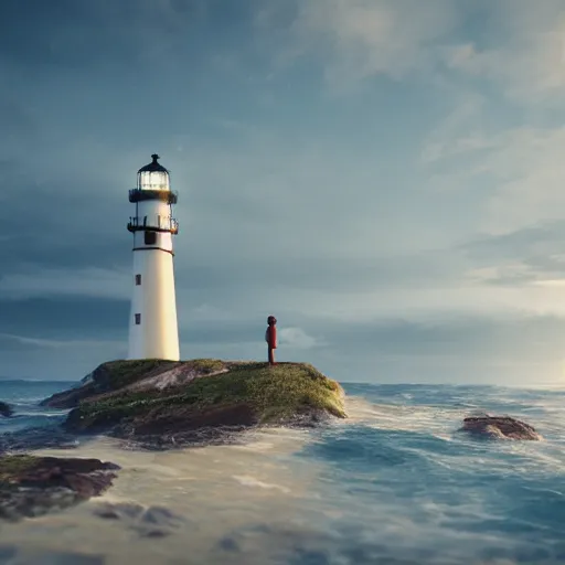 Image similar to , lonely lighthouse splash art, movie still, detailed face, photorealistic facial features, cinematic lighting, dramatic, octane render, long lens, shallow depth of field, bokeh, anamorphic lens flare, 8 k, hyper detailed, 3 5 mm film grain