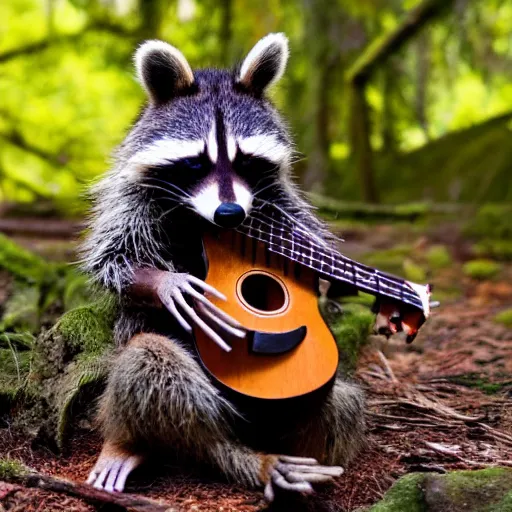 Prompt: an 8k photo raccoon playing a wooden ukulele by a campfire, dark forest in the background