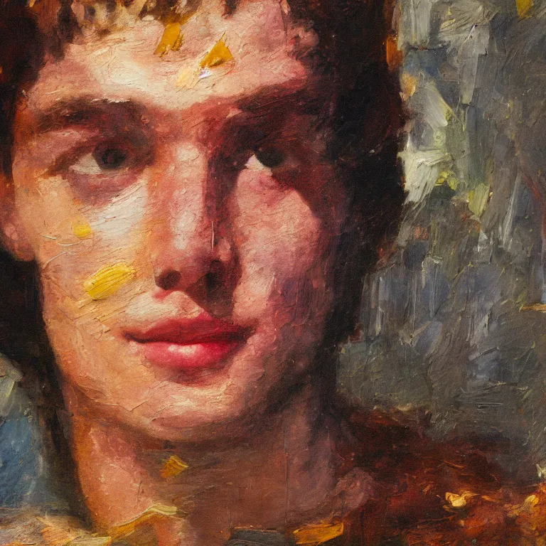 Prompt: Beautiful warmly lit close up studio portrait of young teenage Ronan the Accuser sweetly smiling cute, impasto oil painting heavy brushstrokes by Cy Twombly and Anselm Kiefer , trending on artstation dramatic lighting abstract Expressionism