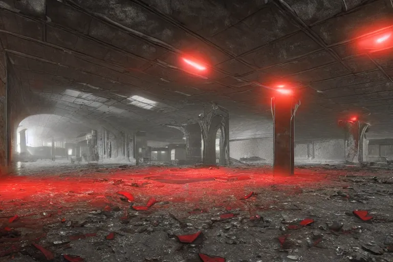 Prompt: ruined, abandoned, underground metro station, seen from inside. Pitch black darkness, red flares on the ground is the only lightsource. Smoke. Dirt, leaves on ground. Unreal Engine. Substance painter. Zbrush. Trending on artstation. 8K. Highly detailed.