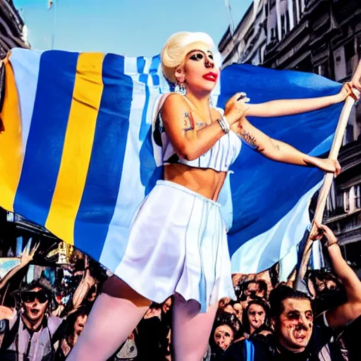 Image similar to Lady Gaga as Evita, Argentina presidential rally, Argentine flags behind, bokeh, epic photo, detailed face, Argentina