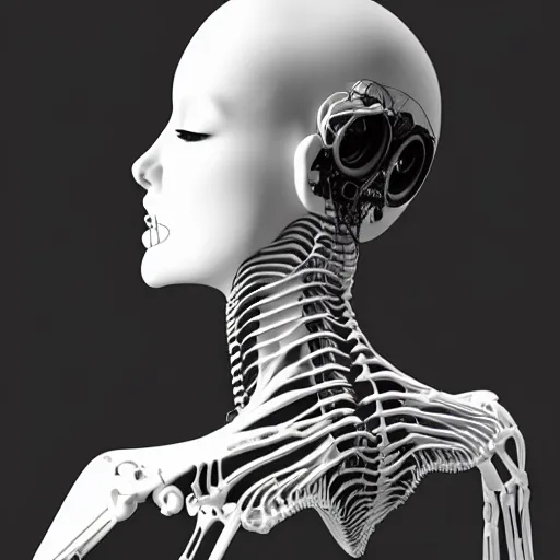 Image similar to black and white dreamy foggy smoky profile face portrait, single skeletal biomechanical beautiful young female cyclops - cyborg - robot bust, body ribs meshes, ray - traced, volumetric light, rim light, by dora maar and cecile beaton, big gothic fashion pearl embroidered collar, 8 k