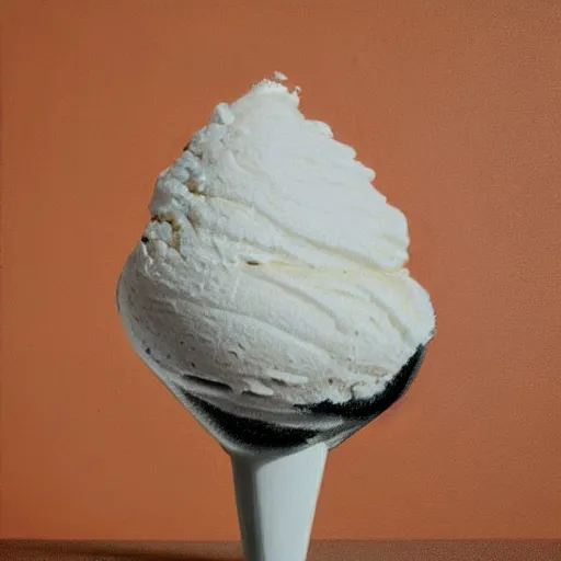 Prompt: Hyperrealistic symmetric painting of a levitating ice cream cone filled with mirror-like liquid mercury