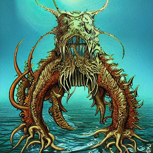 Prompt: sea beast of the depths in the style of michael whelan and h. p. lovecraft