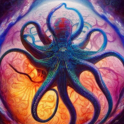 Image similar to depicting an octopus, in the style of h. p. lovecraft, exuberant organic elegant forms, by karol bak and filip hodas : : 1. 4 purple, red, blue, green, black intricate mandala explosions : : intuit art : : turbulent water backdrop : : damask wallpaper : : atmospheric