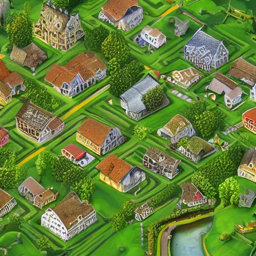 Prompt: isometric, miniature photography closeup, h0, 1:87, Meadow, pathes, google earth, highly detailed, satellite image, game map, casual game, anno 1602, landscape